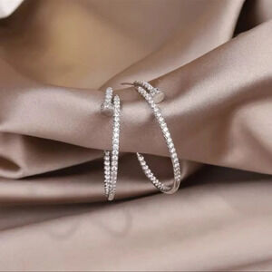 Silver Nail Crystal Hoop Earrings